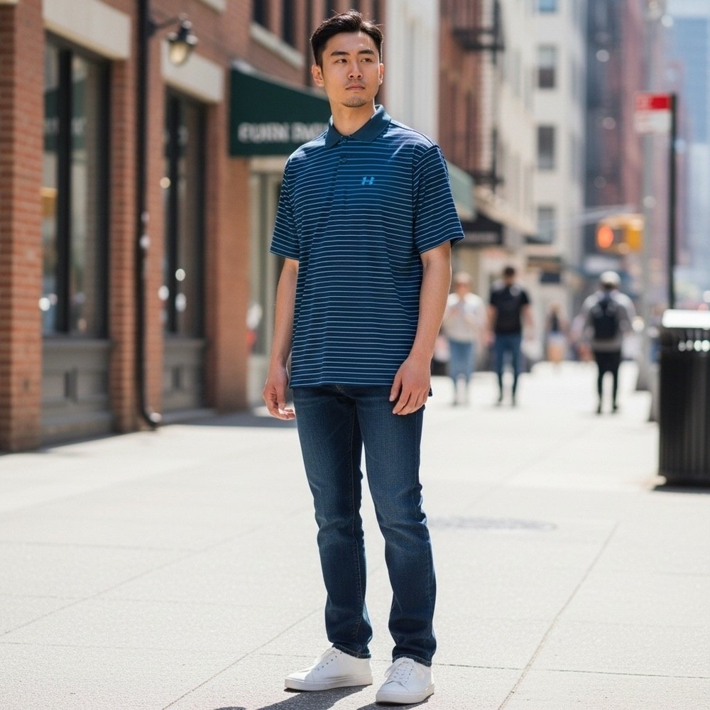 Under Armour Polo Mens Loose HeatGear Striped Blue Large Excellent Short Sleeve